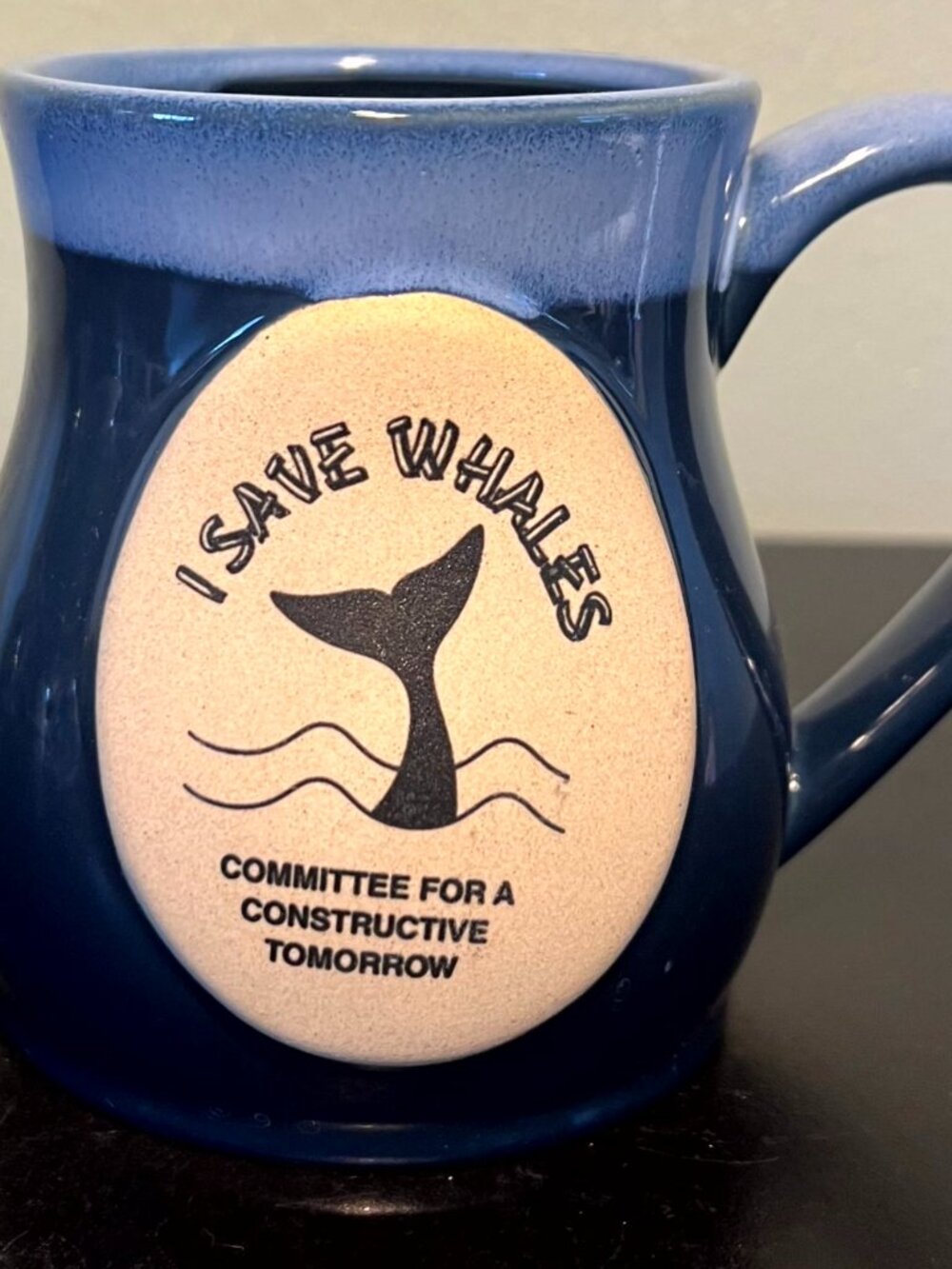 Vtg CFACT I Save Whales Blue Stoneware Coffee Mug 16oz Handcrafted Pottery 1980s